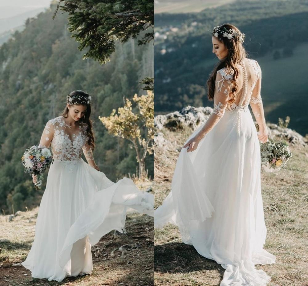 

Bohemian Vintage Wedding Dress 2021 Boho Long Sleeve Beach Bridal Gowns Chiffon Brid Dresses Simple A-Line Vestido De Noiva, White