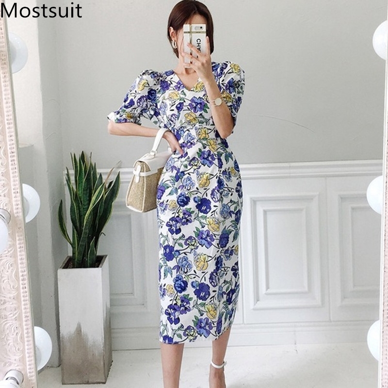 

Summer Korean Vintage Floral Printed Long Dress Women Puff Sleeve V-neck Dresses Elegant Fashion Female Party Vestidos 210518, Green