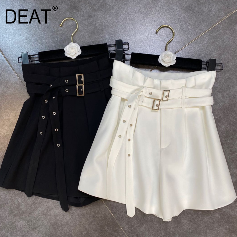 

Women Shorts High Waist Fashion Spring Summer Ladies Belt Solid Color Loose HR428 210525, White