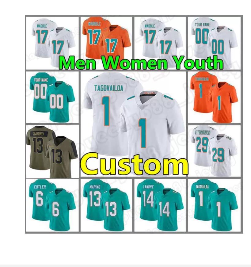 1 Tua Tagovailoa Custom 17 Jaylen Waddle Mens Football Jersey 13 Dan Marino Larry Csonka Devante Parker Xavien Howard Josh Rosen Nat Moore 2021 S