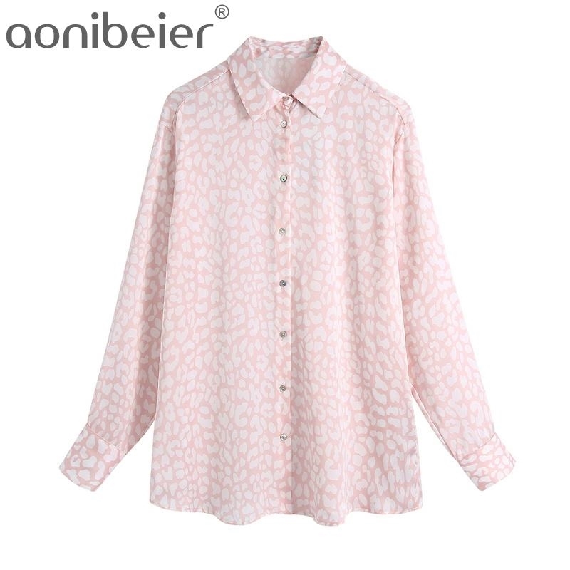 

Leopard Print Loose Blouse Vintage Lapel Long Sleeve Button-up Female Shirts Blusas Chic Tops 210604, Pink