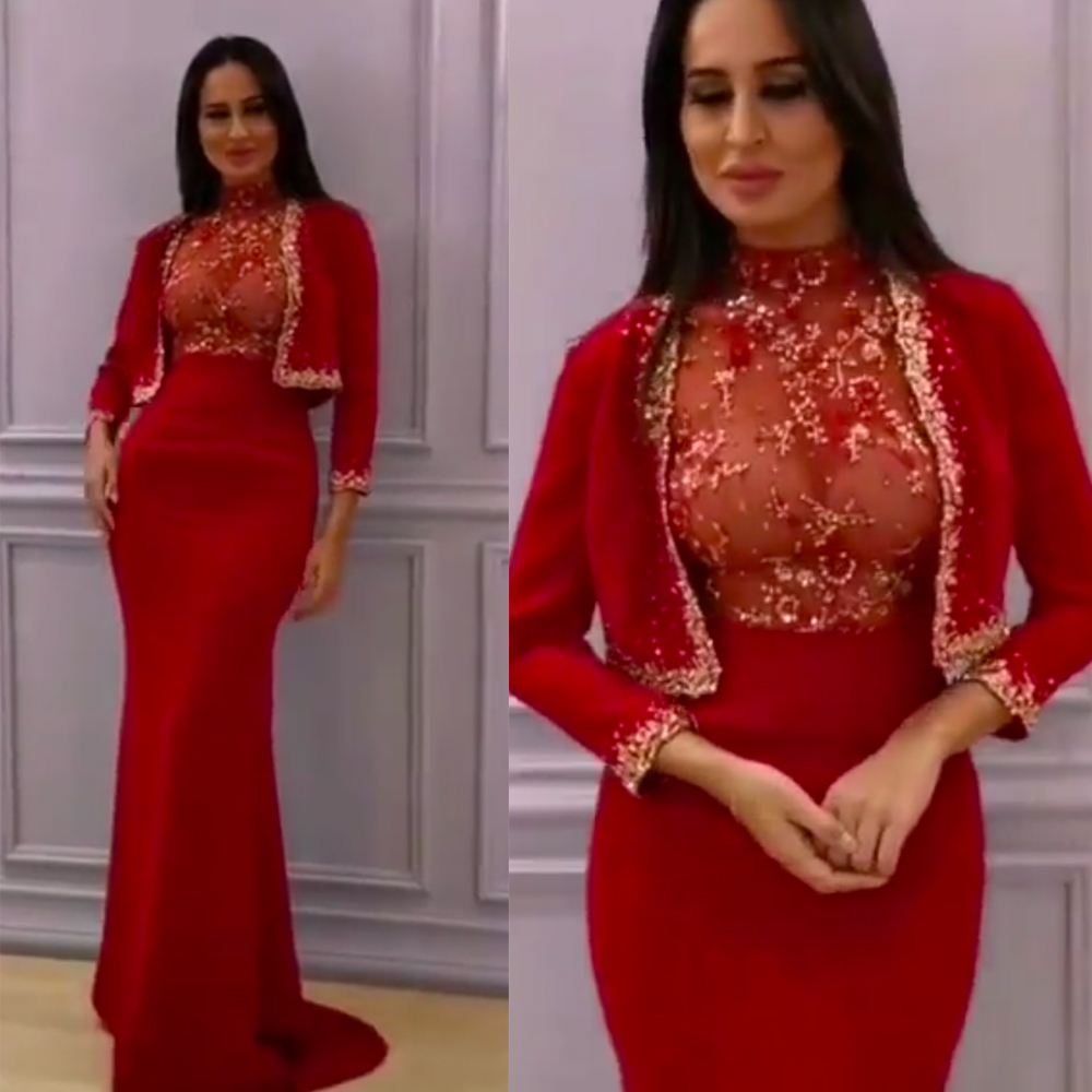 

Vintage Red Arabic Evening Dress With Jacket Bodice Lace Two Pieces Mermaid Prom Dresses High Neck Elegant Satin Formal Gown Robe De Soirée 2021 Vestidos Fiesta, Champagne