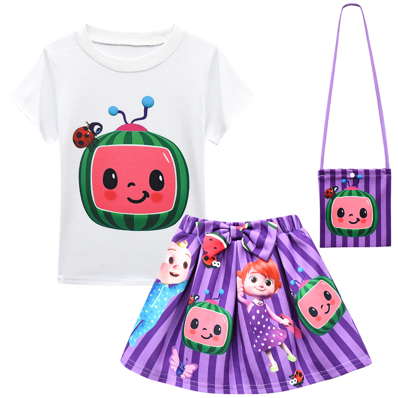 

Summer children's clothing girls fashion 3-piece set with bags wholesale price for children Cartoon character print kids outfit At a loss, White
