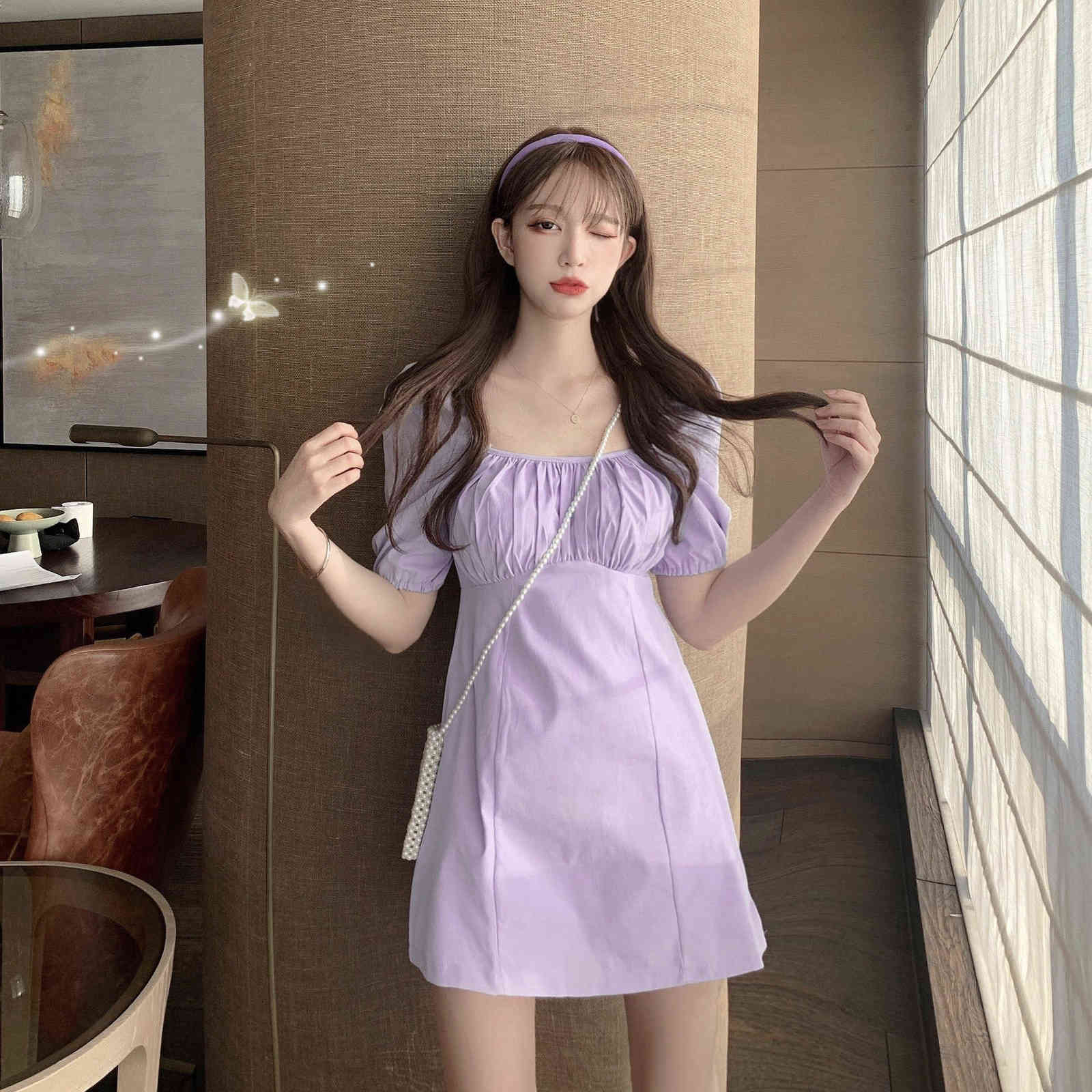 

Casual Dresses French Fat Mm Nightclub Ghost Skirt 2022 Women's Summer Small Square Neck Close Waist Thin Purple Dresses, White 2185
