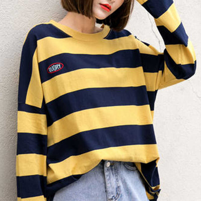 

Autumn Striped Print Womens T Shirts Batwing Long Sleeve O neck T-Shirt Female Winter Korean Yellow Women Loose Tshirts 210527, Blue
