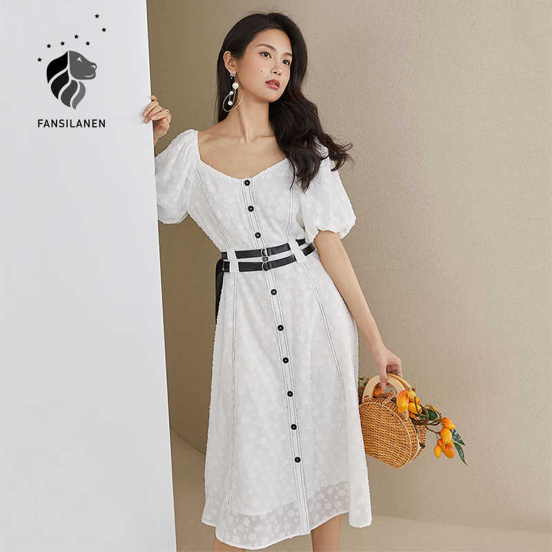 

FANSILANEN White embellished polka dot dress Women puff sleeve elegant chiffon long Vintage summer beach boho sexy 210607