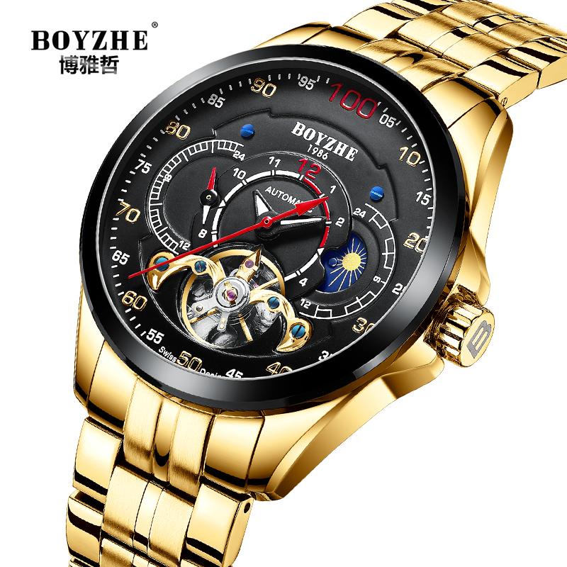 

Wristwatches BOYZHE Business Mechanical Mens Watches Gold Full Steel Sports Chronograph Automatic Watch Men Moon Phase Relogio Masculino, Slivery;brown