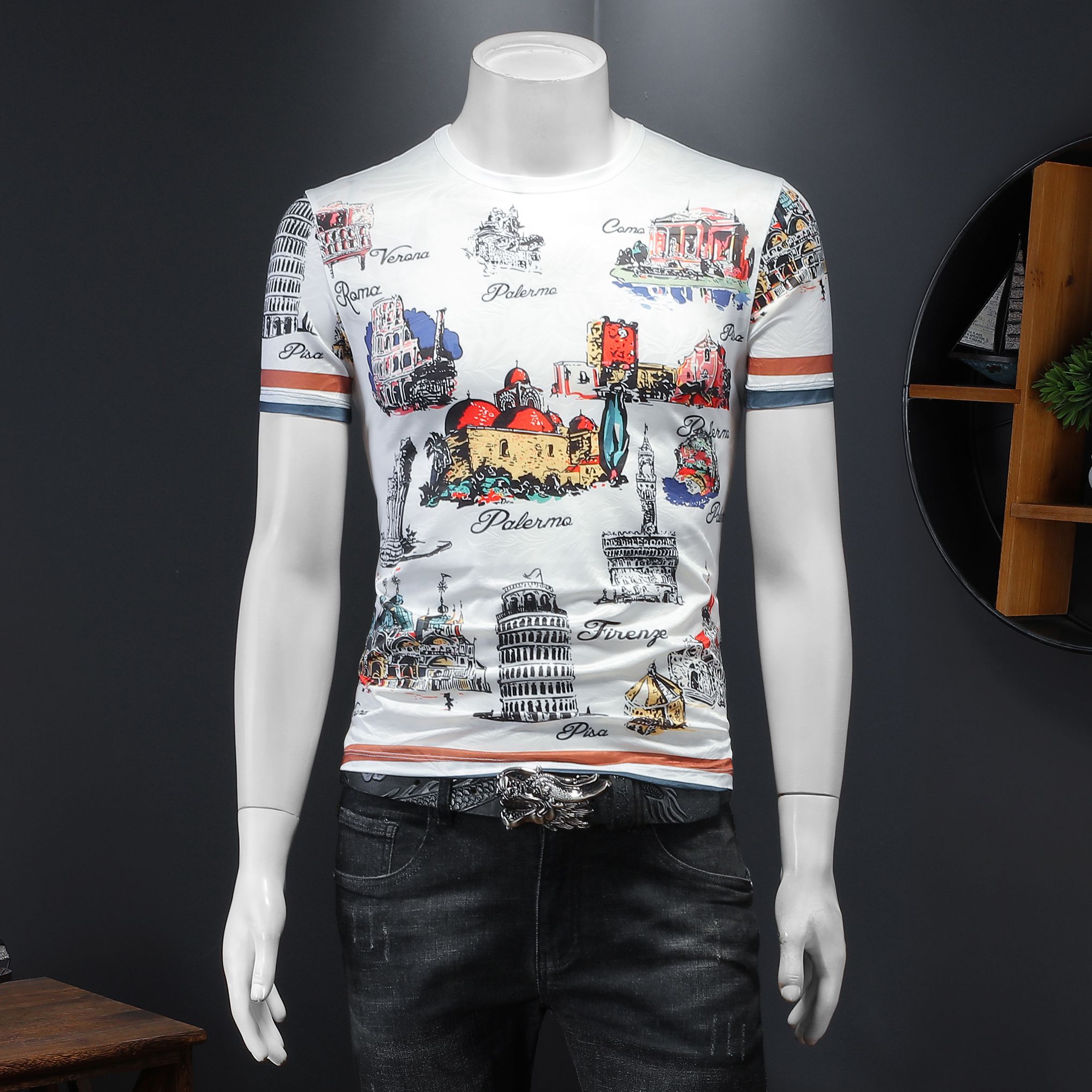 2023 summer new men&#039;s tops ice silk print half-sleeved T-shirts round neck fashion casual trend all-match bottoming shirts-image-754306172