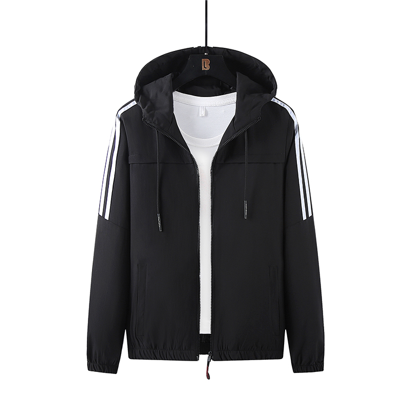 

Mens Casual Fashion Windbreaker Lightweight Hooded Sport Jacket Drawstring Zip Three Stripes Wind Breaker Golf Skateboard Outwear, Black