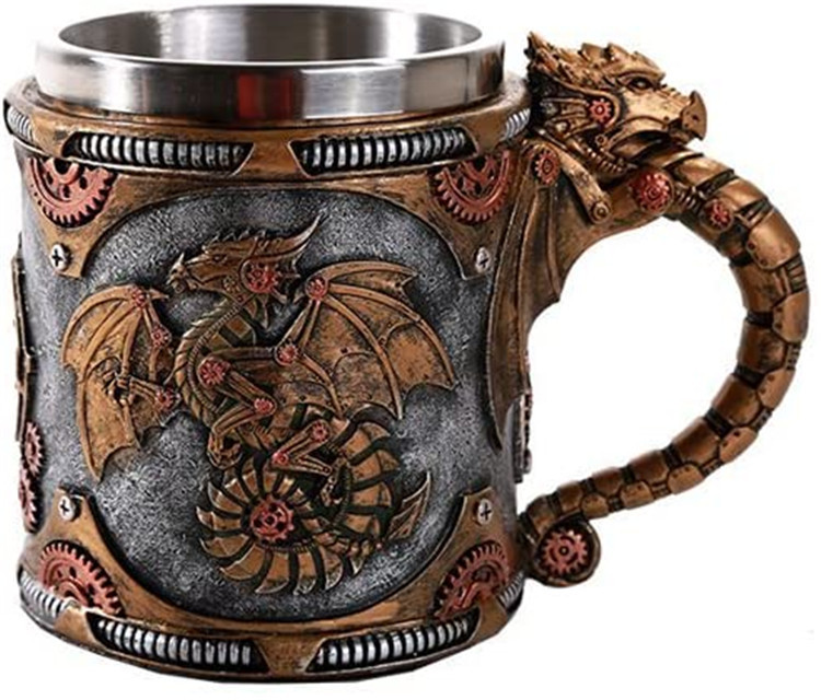 

Retro Dragon Resin Stainless Steel Beer Mug Skull Knight Tankard Halloween Coffee Cup Creative Viking Tea Mug Pub Bar Decoration, Multi-color