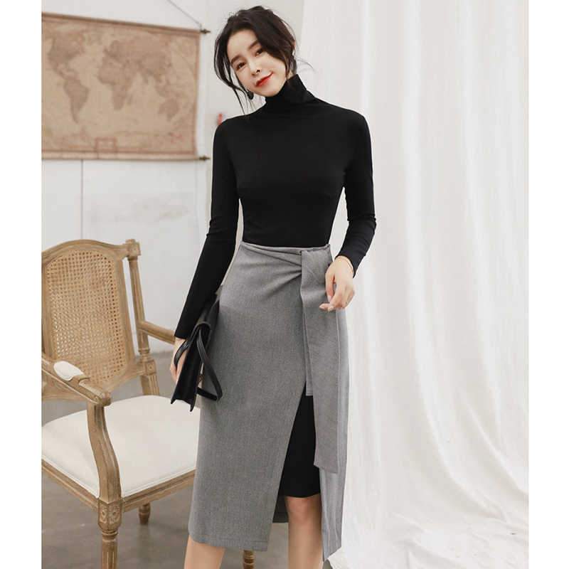 

Women High Collar Top Sheath Skirt Sets Office Lady Elegant Bodycon Two Piece Set Femme Fashion Outfits Autumn Winter 210608, Black and gray