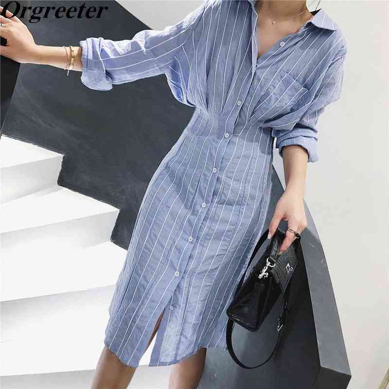 

Retro striped Simple Fashion Shirt Dress Female Summer Fall Batwing Lapel Slim Ruched Single-breasted Knee-length 210525, Blue