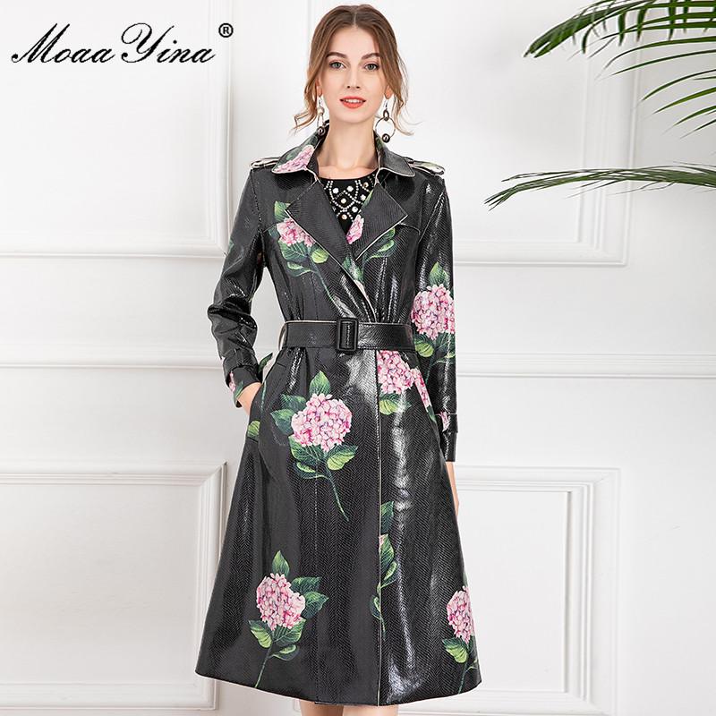 

Women's Trench Coats MoaaYina Fashion Designer Autumn Winter PU Long Sleeve Sashes Flower Print Overcoat Outwear, Tan;black