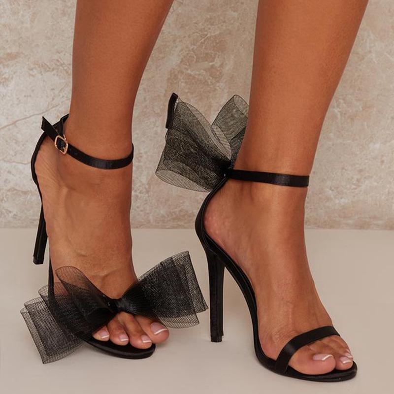 

Dress Shoes Casual Ladies Pumps Bowknot Mesh Elegant Thin Heels Party Wedding Solid Square Buckle Summer High Female Sandals, Black1