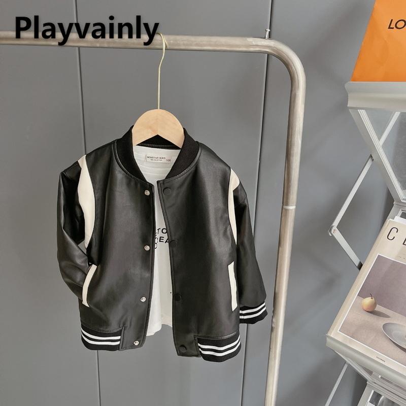 

Jackets 2021 Korean Style Autumn Kids Girls Boys Coat Black Patchwork Long Sleeves Leather Jacket Children Warm Fashion Top E484, Blue;gray