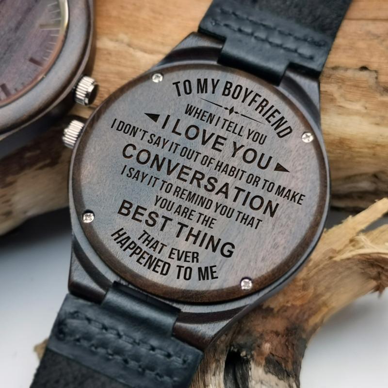 

Back Carved Blessing Leather Watch With Sandalwood Night Light To My Boyfriend's Wristwatches, Slivery;brown