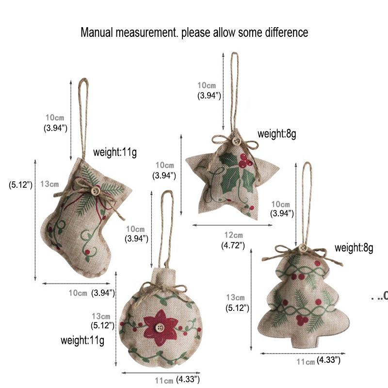 

Christmas Linen Pendant Tree Printed Small Strap Ornament-Five-pointed Star Socks Ball Mall Decoration Cloth Embellishment Exquisite FWD8826