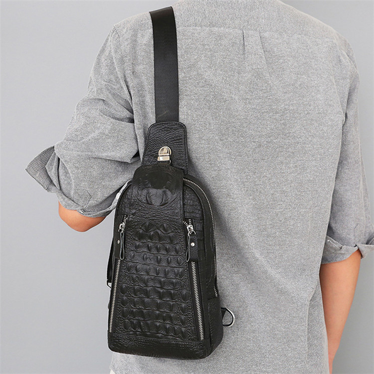 

Wholesale factory men leather shoulder bags Joker black head leather chest bag European and American business crocodile backpack street trend plaid handbag, Black3