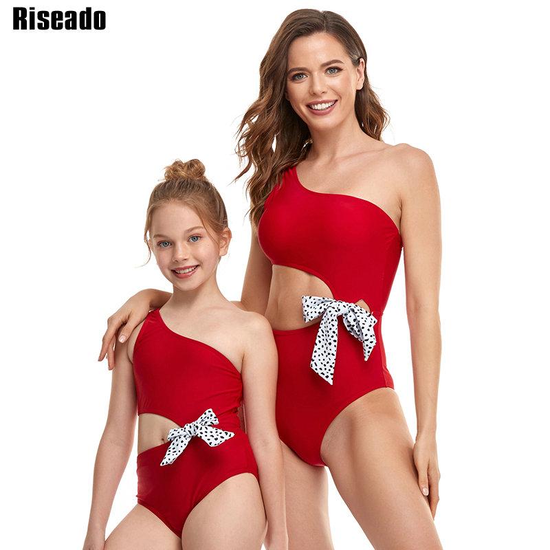 

Riseado One Shoulder Piece Swimsuit Cut Out Swimwear Women Bow Swimming Suit Parent-child Beachwear Sexy Bodysuit Summer One-Piece Suits