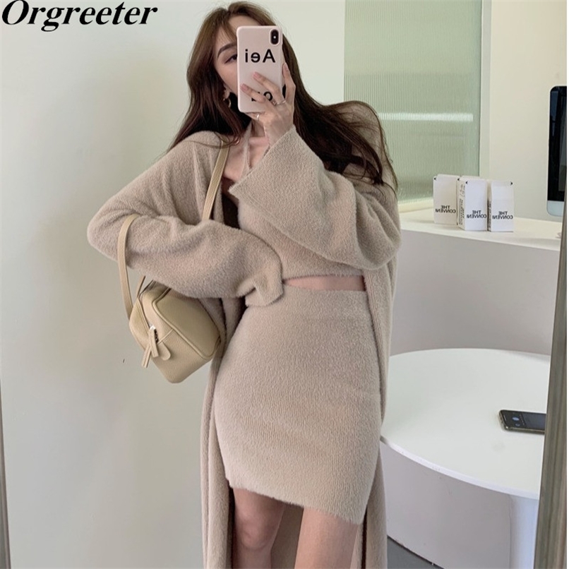 

Casual Imitation mink Sweater Suits Women Sexy Halter Vest + Short Skirts Long Cardigan Soft Knitted 3 Piece Sets Outfits 210602, Khaki