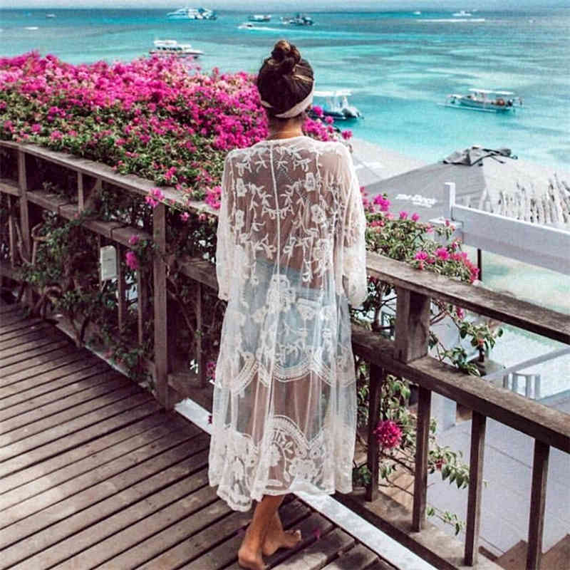 Women&#039;s Swimwear Kaftan Beach Pareo wear Swim suit Cover up Playa Tunic Women Sunscreen Lace Embroidery Cardigan Cover-Ups 82KJ-image-692979254