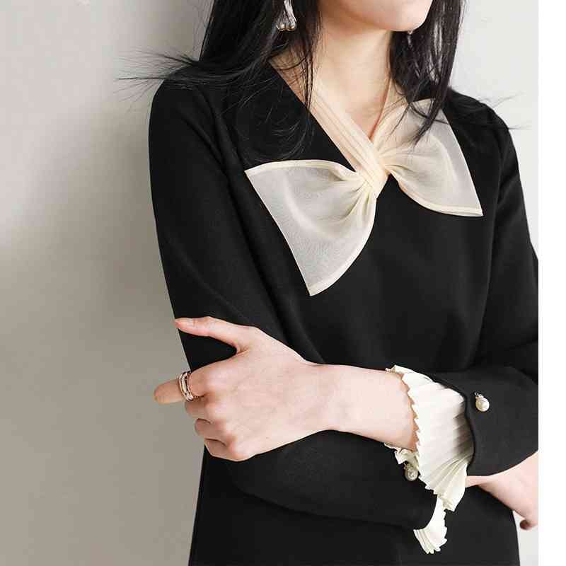 

Spring Loose Bow Decoration Dresses for Women Long Sleeve Patchwork Design Dress Elegant Office Lady Vestido Feminino 210525, Black