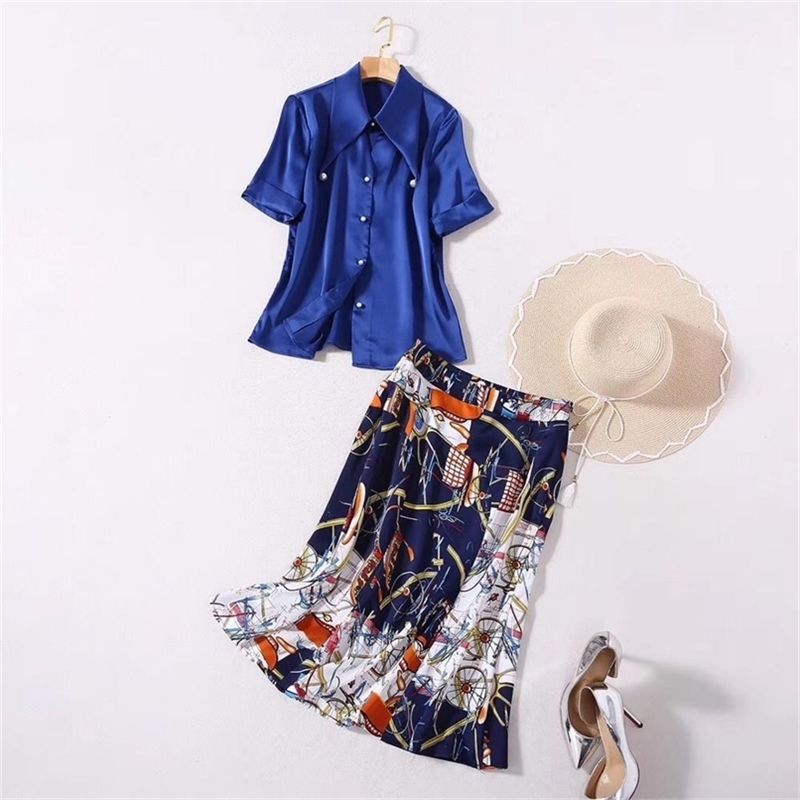 

Women Clothing Set Two Piece For Summer Elegant Office Lady Outfit Short Sleeve Shirt And Print Mermaid Skirt Suit 210602, Blue