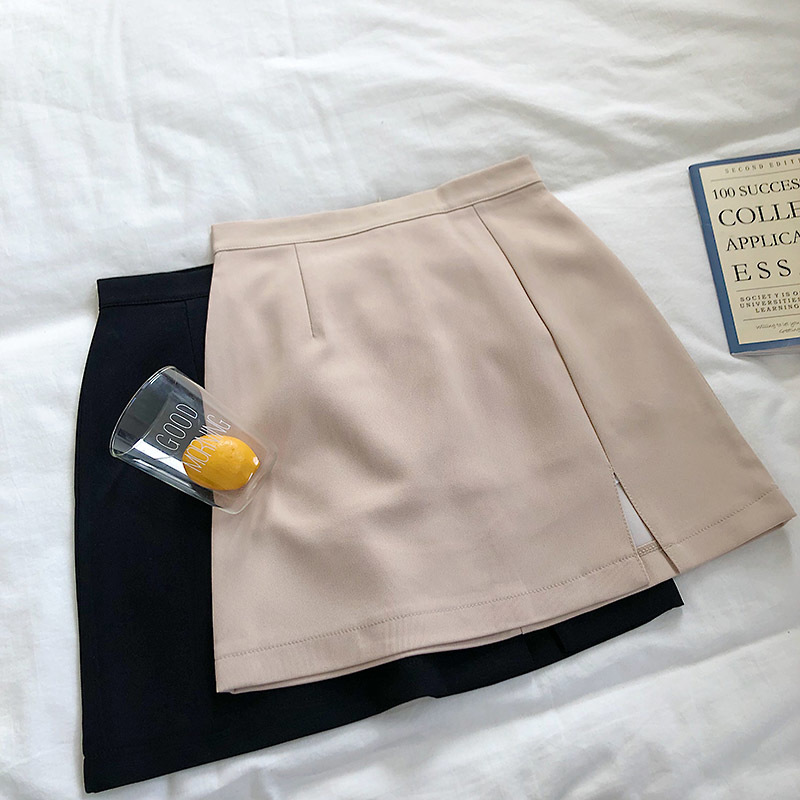 

Women Solid Split A-line Skirts High-waist Bodycon Englend Style Sexy Night Club Short For 210518, Apricot