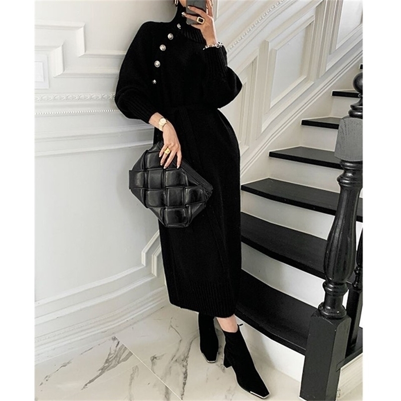 

Elegant Evening Party Dress Knitted Diagonal Colla Sash Tie Up Autumn Winter Mid-calf Fashion Pullover Sweater Dresses Vintage 211109, Khaki