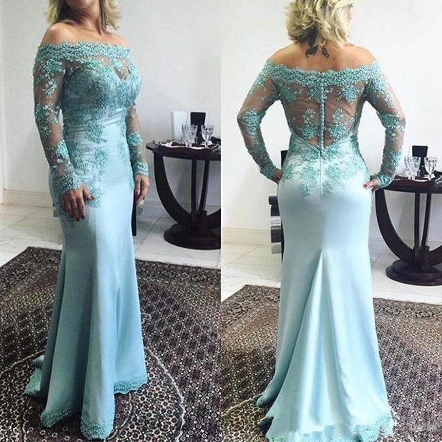

Floor Length Mother of the Bride Dresses Off the Shoulder Long Sleeve Plus Size Lace Mermaid Evening Dress Mint Green Bridal Gowns Beads