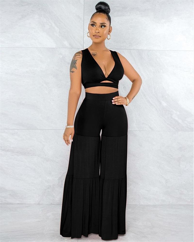 

Women' Two Piece Pants Women Summer Sexy V-neck Hollow Out Bandage Short Top Casual Solid High Waist Wide Leg 2pcs Set, Black