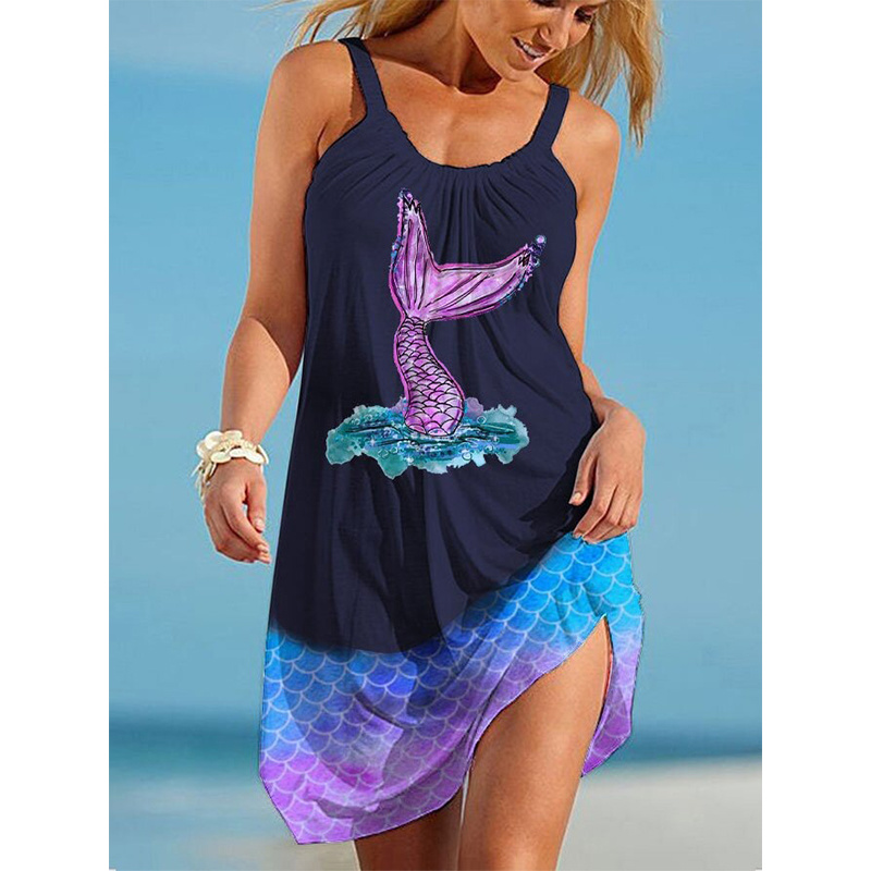 

Purple fish women s long-sleeved round neck strap new style 3D printing loose summer beach seabed animal octopus sling sleeveless casual dress, Black;gray