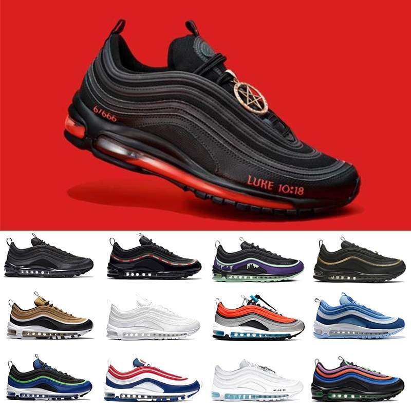 

Mschf Lil Nas x Satan Luke inri jesus 97 mens running shoes Halloween triple black white metalic gold University Red 97s undefeated men