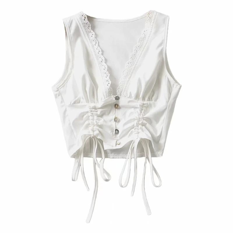 

Women' T-Shirt High Quality Laciness Tassel Camisole Female Elegant Pure Aesthetic Street Sleeveless Wear Summer V-neck Casual Crop Top, White