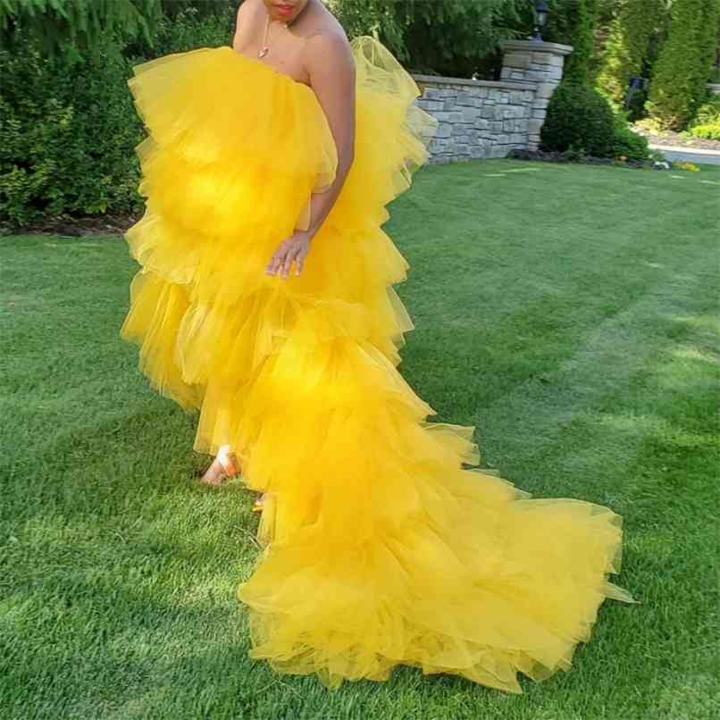 

Gold Yellow Tulle Dress for Women Tiered Ruffles Long Train Prom Gown Party Night es Po Shoot Custom Made 210527, Ivory