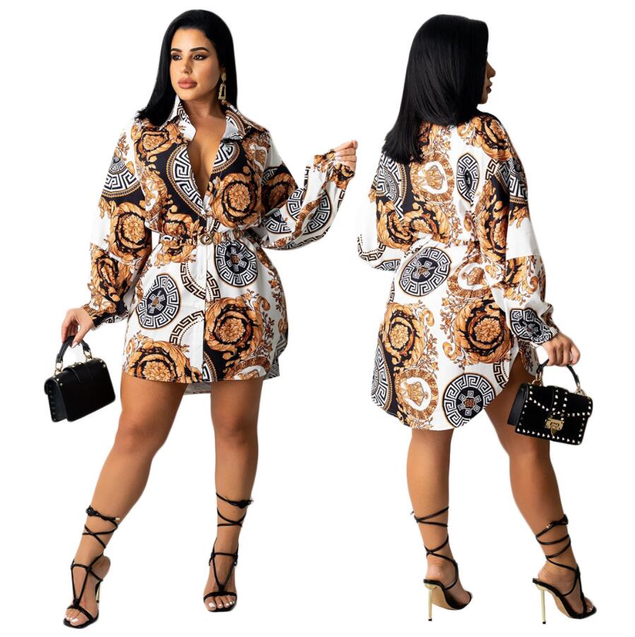 

European and American women's shirt skirt 2021 autumn fashion casual printed dresses, White 1