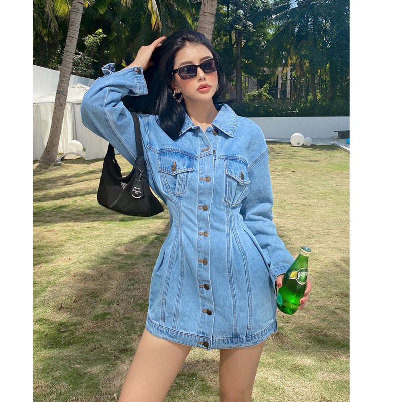 

Casual Dresses 2021 Spring Summer Turn Down Collar Women Denim Retro Long Sleeve Slim High Waist Mini Single Breasted AO1V, Gray