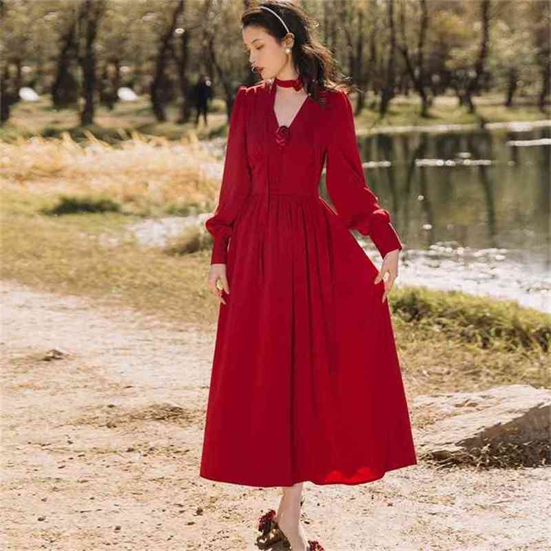 

Spring Summer Women Dress Elegant Chiffon Mid-calf V-Neck Full Sleeve Party Fit and Flare Vintage Red 210603, Blue