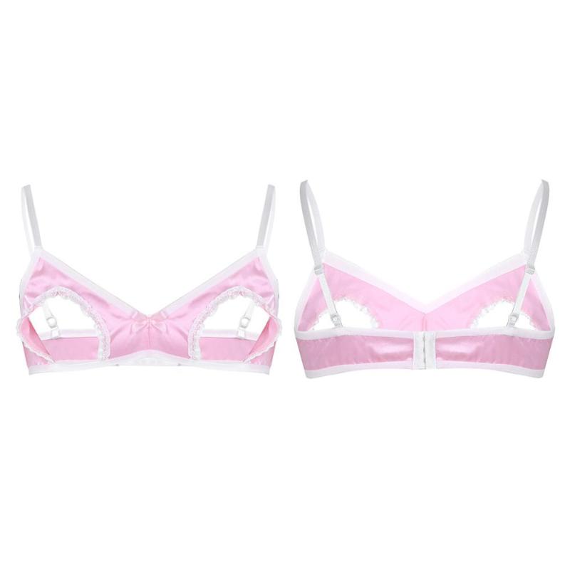 

Men Sissy Lingerie Soft Smooth Satin Open Cup Hollow Out Breast Nipples Bra Tops Underwear Sexy Crossdresser Sleepwear Nightwear Bras, Black