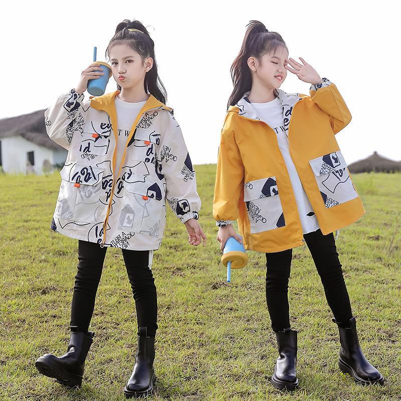 

Coat 2021 Spring And Autumn Girls Jacket Korean Children's Two-sided Kids Letter Printing Foreign Style Windbreaker 5-15T, Blue;gray