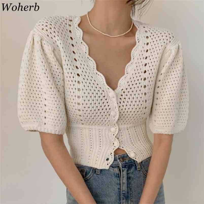 

Korean Chic Elegant V-neck Crop Top Cardigan Women Hollow Out Slim Waist Knitwear Vintage Puff Sleeve Summer Cardigans 210519, White