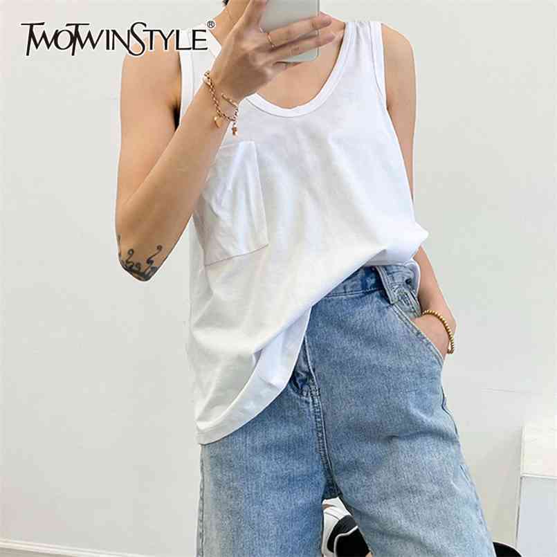 

White Loose Vest For Women Sleeveless Patchwork Pocket Casual Solid Vests Female Fashion Clothing Summer 210524, Black