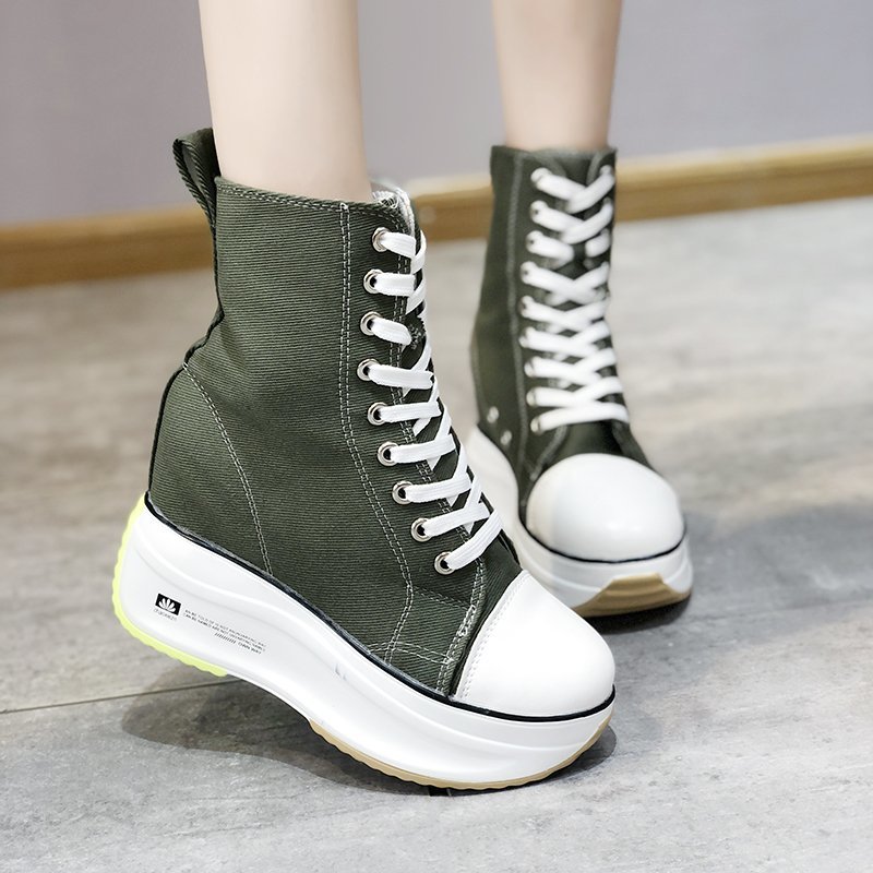 

Autumn Platform Canvas Boots Chunky Shoes Women Yellow Boots Motorcycle Boots High Height Increasing 9CM Ladies Deportivas Mujer, Beige