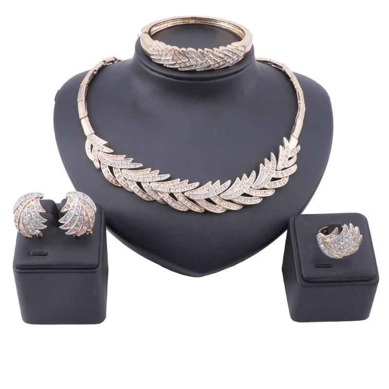 

Wedding Jewelry Sets African Dubai Gold Nigerian Crystal Necklace Earrings Bangle Ring Women Italian Bridal Accessories, Slivery;golden