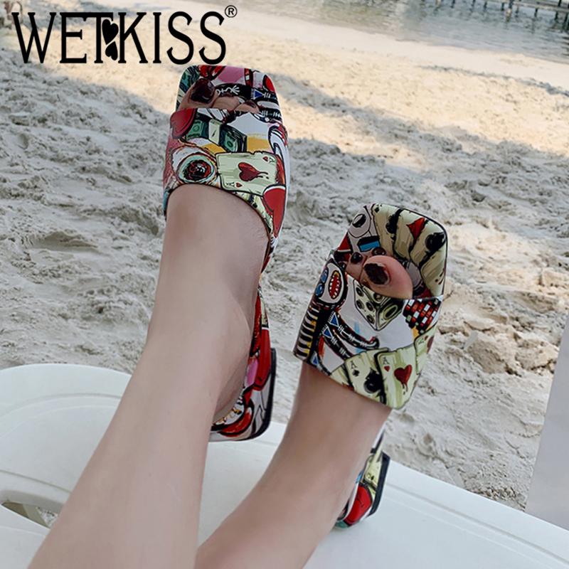 

Slippers WETKISS Low Heels Women Exotic Slides Shoes Print Mules Ladies Cow Leather Casual Beach Female Summer 2021, Black