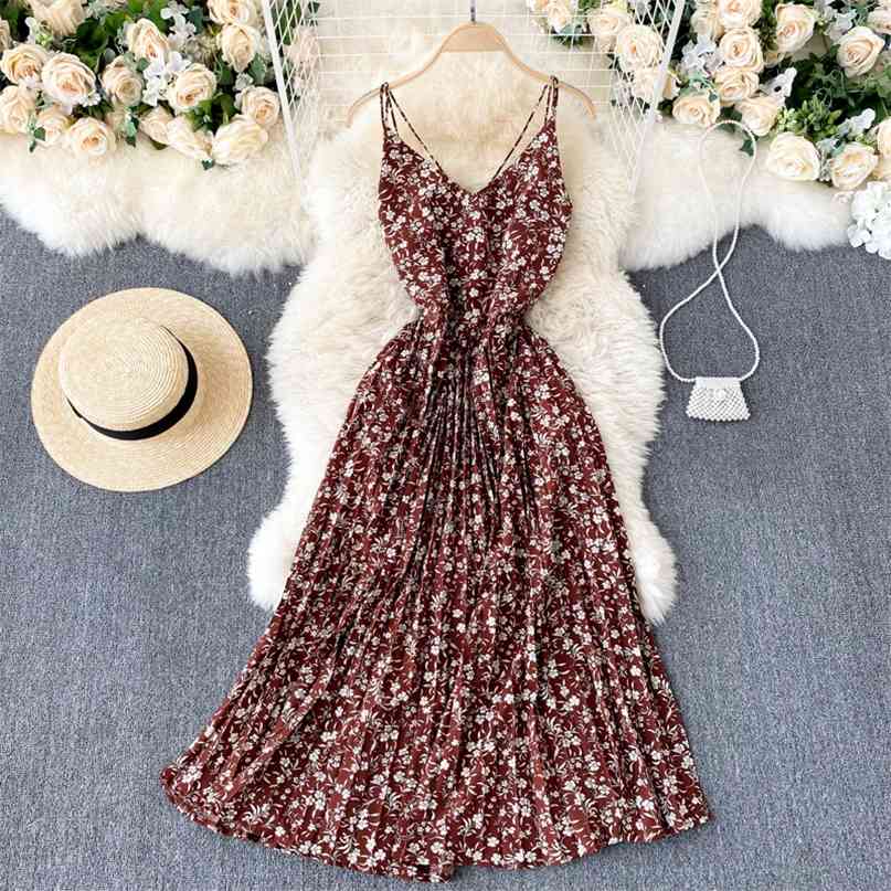 

Summer Dress Vintage Floral Print Spaghetti Strap Sleeveless Beach Style Pleated Criss-cross Backless Party Robe 210603, Beige