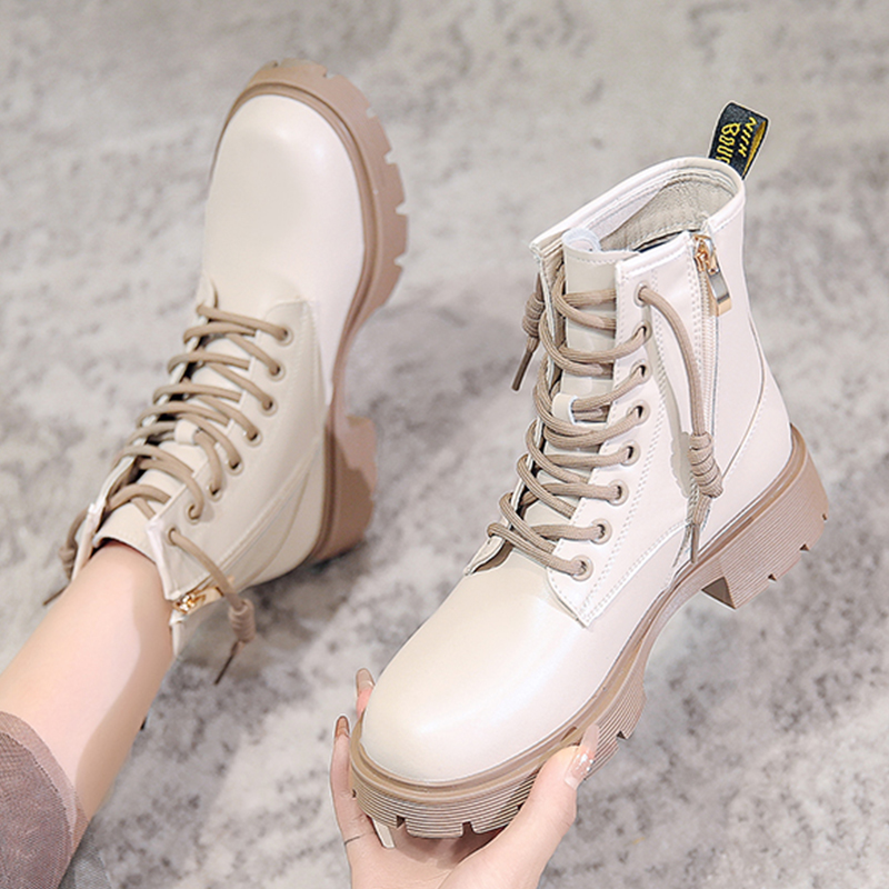 

Beige Combat Boots For Women Platform Motorcycle Boots 2021 Fashion Lace Up PU Leather Short Ankle Boots Female Designer, Black