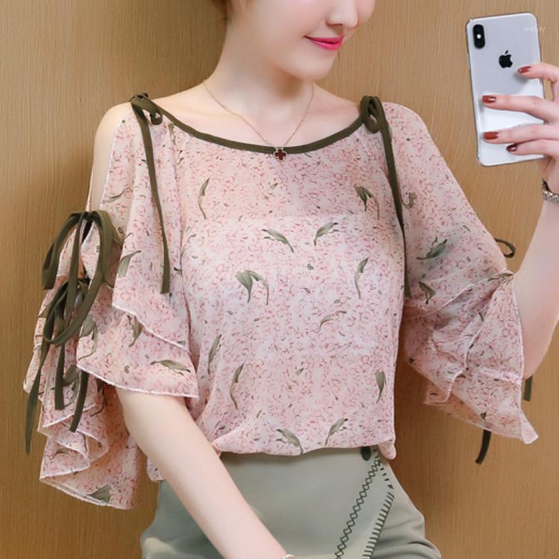 

Women Clothes 2021 Short Sleeve Shirts Off Shoulder Blouse Tops Print Chiffon Womens And Blouses B403 Women's, Pink
