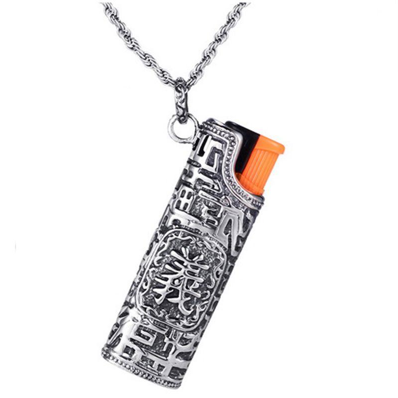 Pendant Necklaces Stainless Steel Cigarette Lighter Shaped Necklace Men Starage With Chinese Letter &quot;righteousness&quot;Charm-image-709263809