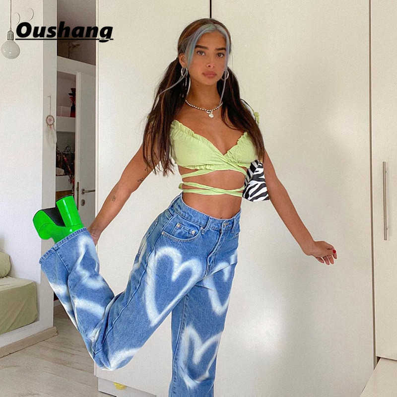 

Casual Printed Heart Straight Slim Jeans Vintage High Waist Trousers Women Fashion Denim Pants Vaqueros Mujer Streetwear 210616, White camis